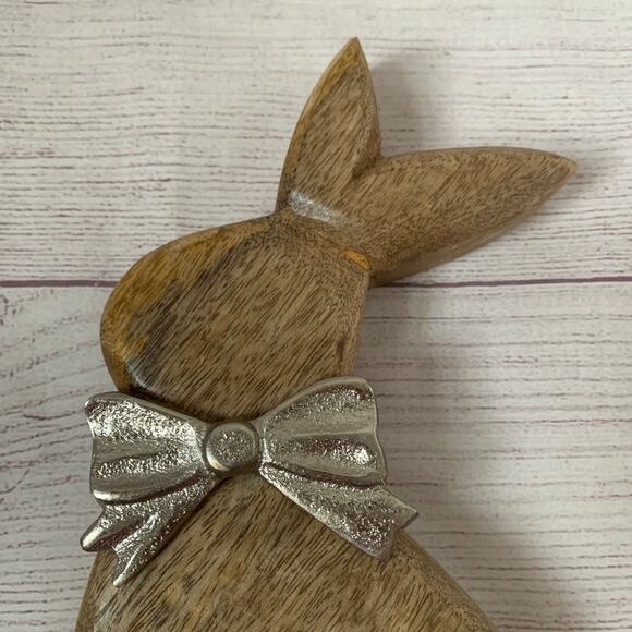 Wood Bunny Rabbit Figurine with Metal Silver Bow Easter Spring Farmhouse 9 3/4"H - Picture 7 of 12